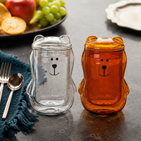 Gobelet en verre à double paroi isolé avec couvercle, motif ours mignon, pour la maison et la cuisine, en verre transparent ambré, pour eau, jus, lait
