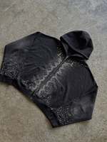 Hoodie Y2K Berhias Rhinestone Resleting Penuh Vintage Washed Streetwear Pria Oversized Bahan Katun Tebal Bordir Logo Kustom