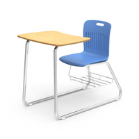 Ensemble de mobilier scolaire universitaire de style américain : bureau et chaise avec base à patins et étagère à livres