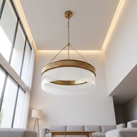 Luminaire Jingshi en forme d'anneau doré avec franges en tube de verre, longues bandes de verre verticales, éclairage chaleureux pour la décoration de plafond à domicile