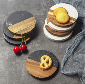 Marble & Wood Coaster Set, Round & <b>Square</b> Acacia Wood with Black/White Marble Drink Coasters for <b>Table</b> Protection - Product Image 3