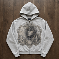 Produsen Pakaian Kustom Mewah Vintage Cetak Digital Potret Barok French Terry Abu-abu Tua Hoodie Resleting Penuh Pria OEM ODM