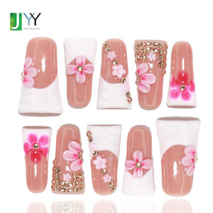 <span class=keywords><strong>Uñas</strong></span> postizas de acrílico de lujo con diamantes, venta al por mayor con empaque, hechas a mano, diseño de pata de pato, flor 3D, punta de uña francesa de gel, alta calidad - Product Image 1