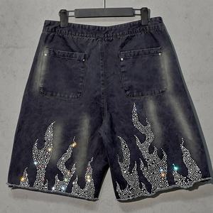 Shorts de sport pour hommes Streetwear, bords bruts, délavage acide, fabrication sur mesure, strass, coton, baggy, shorts de course pour hommes - Product Image 2