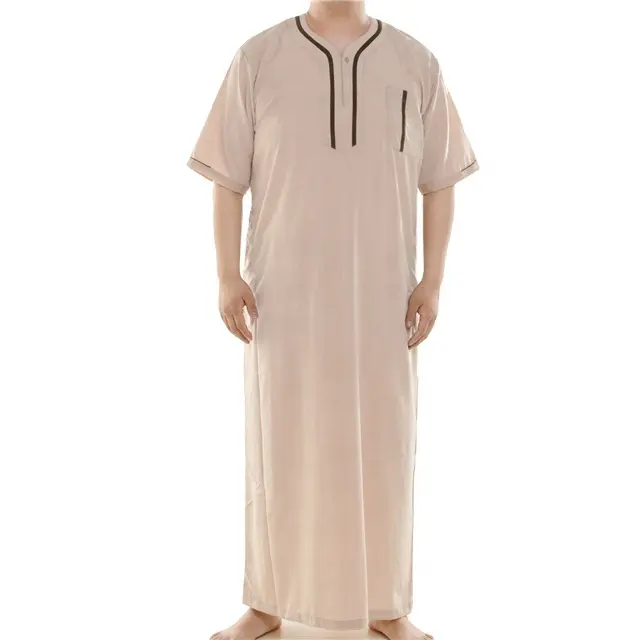 Factory Sale IKAF Moroccan Style Round Neck Cotton Muslim Traditional Dress Men Thobe Short Sleeve Islamic Clothing For Ramadan