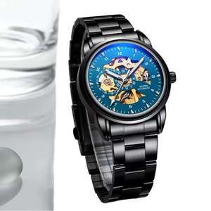 Wholesale Automatic Mechanical Men's Wrist Quartz <b>Watches</b> Round <b>Case</b> Visible Mechanism Stainless Steel Band Glass Dial Window - Product Image 3