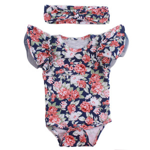 <span class=keywords><strong>Vêtements</strong></span> pour bébés et enfants en gros, barboteuses à volants à imprimé floral, barboteuses en coton doux pour nouveau-nés, barboteuses à manches bouffantes pour filles - Product Image 1