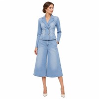 Veste en jean délavé 360 GSM à double boutonnage avec boutons dorés et pantalon culotte coupe trapèze pour femme, élégant, style diplomatique, OEM XS-5XL