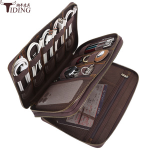 Tiding Genuine Leather Cable <b>Storage</b> Bag Dark Brown Double Layer For Business Travel With <b>Usb</b> Flash Drive And Headphone Slots - Product Image 5