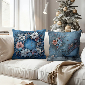 Gối trang trí Giáng sinh màu xanh với họa tiết bông tuyết, hoa và xe trượt tuyết, tạo không khí lễ hội ấm cúng cho phòng khách trong ngày lễ. - Product Image 4
