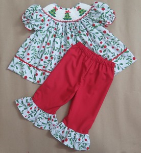 Robe de Noël pour filles, brodée à la main, imprimé arbre de Noël et baies de houx rouges, manches bouffantes, tenue de fête pour tout-petits et enfants - Product Image 3