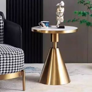Mesa auxiliar de lujo ligera, parte superior de piedra de mármol redonda moderna, patas de Metal dorado, mesa auxiliar pequeña, sala de estar, muebles para el hogar, mesa auxiliar para cama - Product Image 2