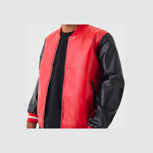 Chaqueta Universitaria para Hombre, Roja y Negra, con Capucha, Impermeable, con Cierre de Cremallera y Logotipo Frontal, Prenda Exterior de Lona - Product Image 1