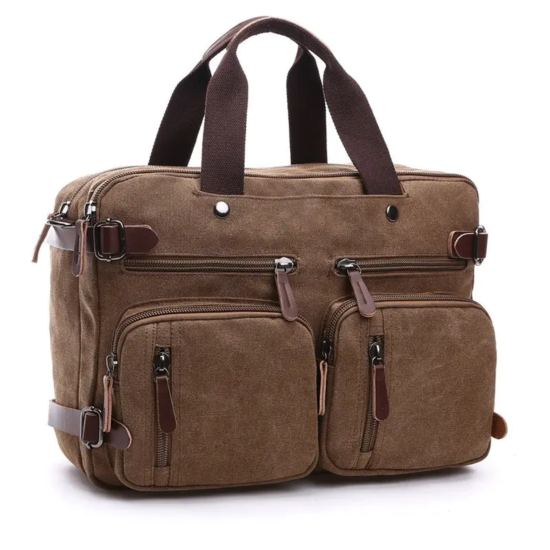 Vintage Canvas Shoulder Bag 17.3 Inch Laptop Messenger Bag Convertible Backpack Retro Briefcase Versatile Travel Bag