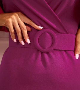 핫 세일 여자의 자홍색 깊은 V-넥 프릴 슬리브 O-링 벨트 Bodycon 미디 원피스 우아한 파티 저녁 칵테일웨어 원피스 - Product Image 4