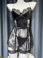 Lingerie sexy pour femmes, dentelle patchwork, string, jupe courte transparente en cuir et dentelle, lingerie sexy en stock