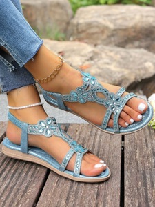 Women Floral Rhinestone T Strap Flat <b>Sandals</b> Glitter Upper <b>Elastic</b> Ankle Strap Slip Resistant Sole Summer Beach Casual Footwear - Product Image 6