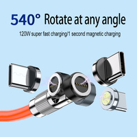 Kabel Pengisian Daya Magnetik Cepat 120W Putar 360 Derajat 3 in 1, Kabel Transfer Data Silikon Cair Paduan Seng untuk iPhone Android