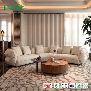 Ensemble de canapés sculpturaux modernes haut de gamme en tissu bouclé avec garniture contrastante, idéal pour les projets d'aménagement intérieur de villas - Product Image 3