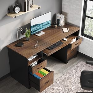 Escritorio Ejecutivo SENYU de 59'' con Cajones para Archivos y Almacenamiento, Escritorio para Computadora con Bandeja para Teclado y 2 Compartimentos Abiertos - Product Image 5