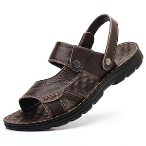 Men's First Layer Cowhide Sandals <b>Flat</b> Thick Sole <b>Summer</b> Casual Shoes Brown Black Slip On Style 9801 - Product Image 5