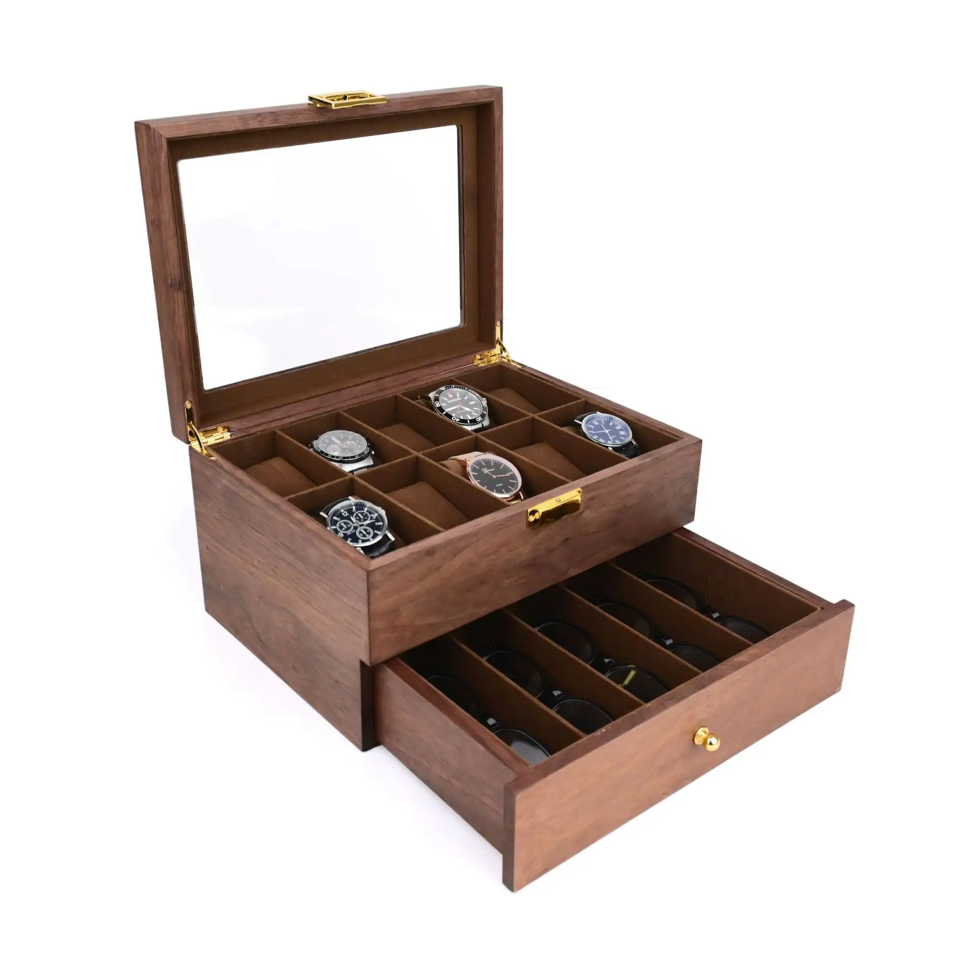 Wooden Box Watch Organizer Watch Box With Drawer Display Box Necklace Rings Earrings Glasses Jewelry Organizer Wholesale Factory