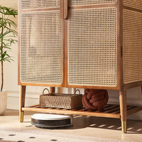 Armoire autoportante en bois massif et rotin, armoire à dôme arqué avec portes en rotin naturel, armoire de rangement rétro pour chambre à coucher
