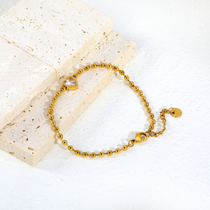 Wholesale 18K <b>Gold</b> Plated Stainless Steel <b>Beaded</b> Chain <b>Bracelet</b> Heart Cubic Zirconia Charm Adjustable Link <b>Bracelet</b> - Product Image 4