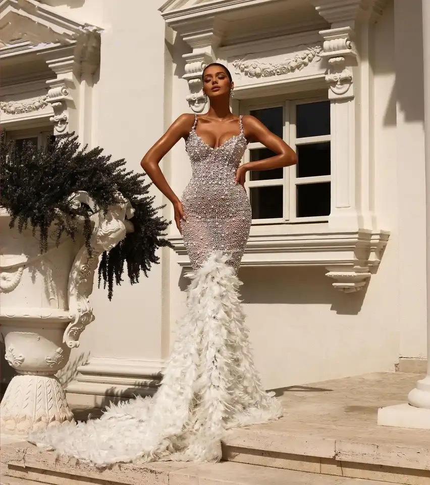 beach wedding dresses knee length Beaded Feather Mermaid Pageant Dresses Removable Cape Sleeve Mother of –  vigocouture main image 1