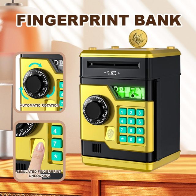 Fingerprint Piggy Bank Automatic Rotating ATM Money Savings Box Password Code Lock Electronic Safe Toy Gift for Kids Boys Girls