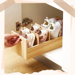 Boîte de rangement en bois compartimentée, rectangulaire, couleur bois naturel, avec cloisons pour organiser sacs, documents et chaussures - Product Image 2