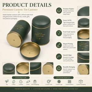 Lata de metal redonda con tapa de cúpula y borde dorado, lata de calidad alimentaria para almacenamiento de té y productos secos, color, patrón y logotipo personalizables. - Product Image 2