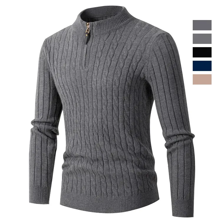 Poliéster Cremallera Cuello de tortuga Cable Grueso Manga larga Rib Cuff Bottom Suéter de hombre