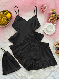 Set Pigiama Estivo Autunnale Primaverile da Donna 3 Pezzi Bestseller in Seta Ghiaccio con Schiena Aperta e Spalline - Product Image 4