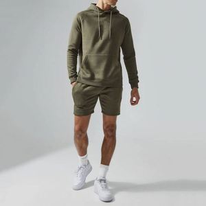 Conjunto de Sudadera con Capucha y Pantalones Cortos Casuales para Hombre, 100% Algodón Francés, Color Verde Oliva Invierno - Product Image 1