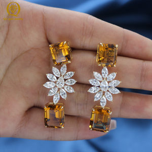 Juego de Joyería de Oro Estilo Vintage con Diamantes Corte Marquesa, Esmeralda y Topacio Amarillo Oscuro, Aretes con Diseño Floral, Regalo para Mujer - Product Image 5