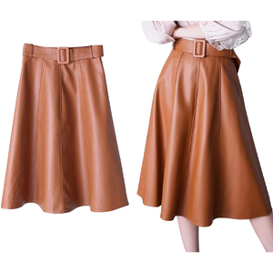 New Arrival Pleated leather skirts for <b>women</b> Elegant Brown A-Line <b>women's</b> midi skirt Office Casual Daily Wear <b>women</b> formal skirt - Product Image 1