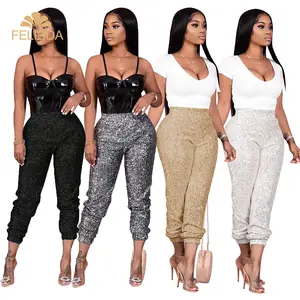 Fashion Streetwear Sequin Trousers 2023 Spring Elastic Pencil Pants Clubwear Glitter Tight Casual Long Women Jogging Pants