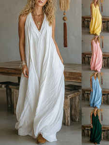 2026 Summer Women's Maxi Floral Natural Waist Casual Sleeveless Breathable Eco-Friendly Loose Pocket <b>Suspender</b> Pants Dress - Product Image 4