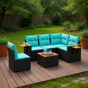 Juego de sofás para patio exterior, 6 piezas, ratán sintético negro con cojines, muebles exclusivos de EE. UU. - Product Image 2