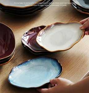 Plato de cena de cerámica Irregular japonés, platos de porcelana hechos a mano para servir alimentos, juegos de cuencos y platos de cena esmaltados cambiados al horno - Product Image 4