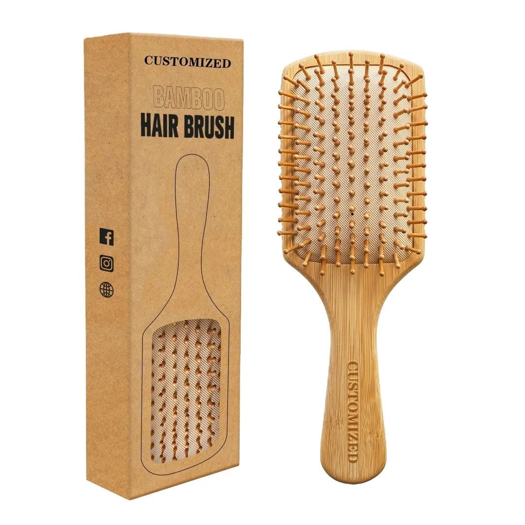 Sikat Anti statis sisir pijat kesehatan sisir bantalan udara sikat rambut Oem sikat kayu bambu dengan Logo dayung kayu