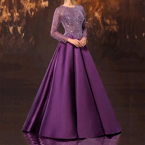 豪華で高貴なパープルサテンボールガウンフォーマルバンケプロムパーティービーズスパンコールスリムフロア丈イブニング裾ドレス - Product Image 2