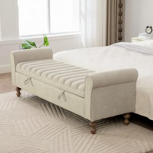 Panca imbottita moderna all'ingrosso, pouf in tessuto trapuntato, poggiapiedi per letto con braccioli arrotolati per camera da letto - Product Image 1