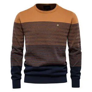 Pull en coton à manches longues pour homme, col rond, Patchwork, rayé, tricot, Slim, marque, nouvelle collection printemps