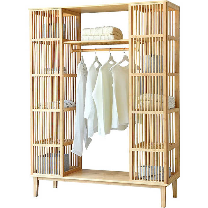 Bamboo Clothes Rack with Sliding Doors - 10 Display Compartments
