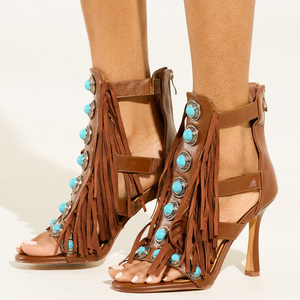 Women's Retro Front Emerald Tassels Sandals Back Zipper Cut Out Shoes <b>High</b> <b>Heels</b> Roman Styles Summer Open Toe Pumps - Product Image 1