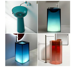 Lavabo de Pedestal Transparente de Resina Acrílica Moderna Personalizada para Hotel con Desagüe y Cubierta de Mármol - Product Image 4