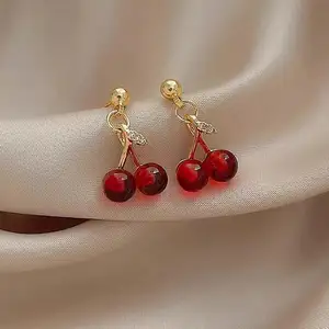 2023 baru Cherry anting liontin kalung merah buah ceri anting in gaya anting perhiasan mode