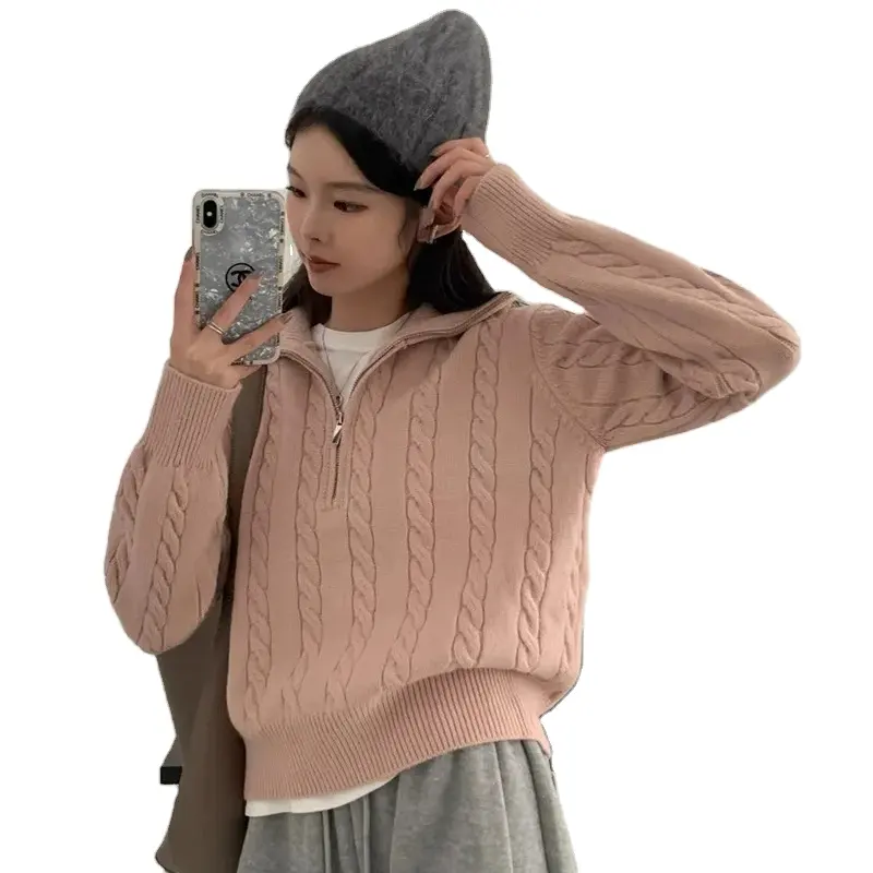 2024 Corea chic Otoño e Invierno suéter de mujer señora top de punto mujeres retro Twist media cremallera perezoso corto suéter de mujer